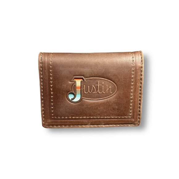 Justin Card Wallet Brown Genuine Leather RFID Slim Gusseted Logo Embossed West - Picture 1 of 6